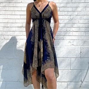 Paisley Handkerchief Hem Dress Navy Gold Boho Flowy